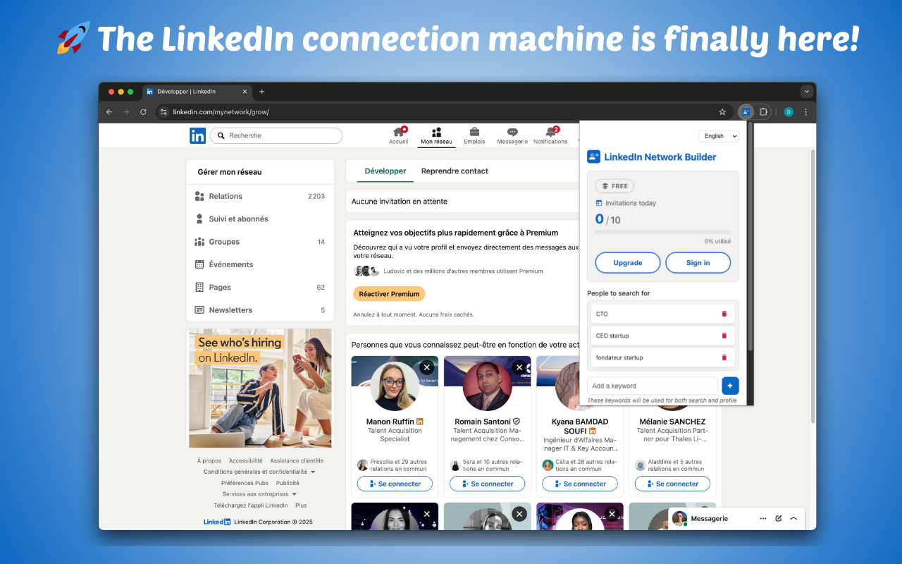 The extension open on the LinkedIn “Grow my network” page, ready to send invitations to the profiles shown