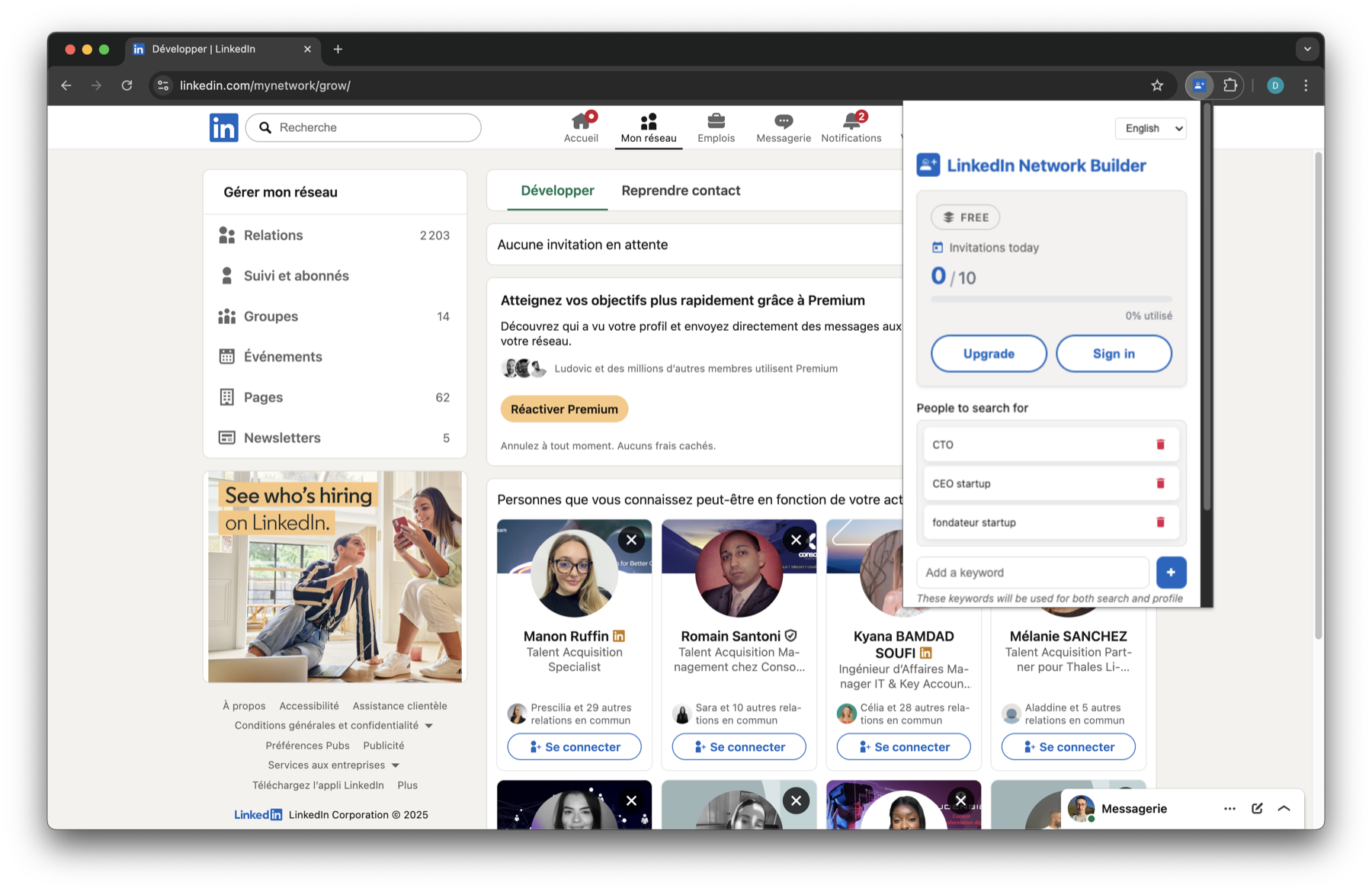 The LinkedIn Network Builder extension open on a LinkedIn page, showing today's invitation counter and the list of search keywords