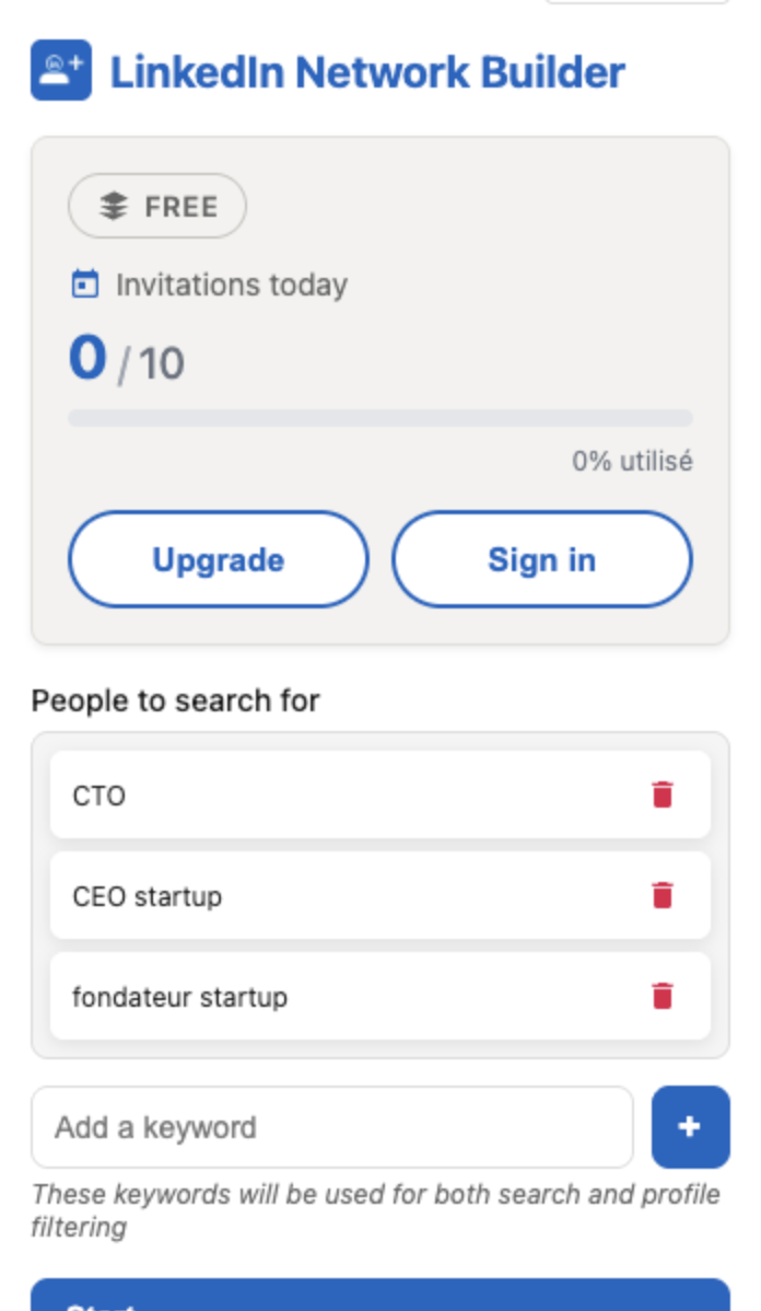 The extension popup: FREE plan, counter showing 0 of 10 invitations today, and the keywords “CTO”, “CEO startup” and “fondateur startup”