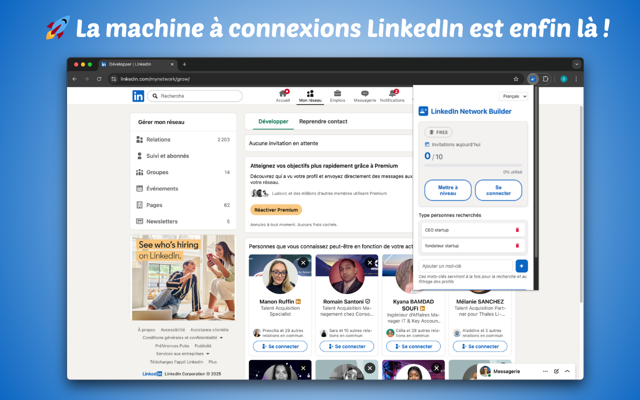 L'extension ouverte sur la page « Développer mon réseau » de LinkedIn, prête à envoyer des invitations aux profils affichés