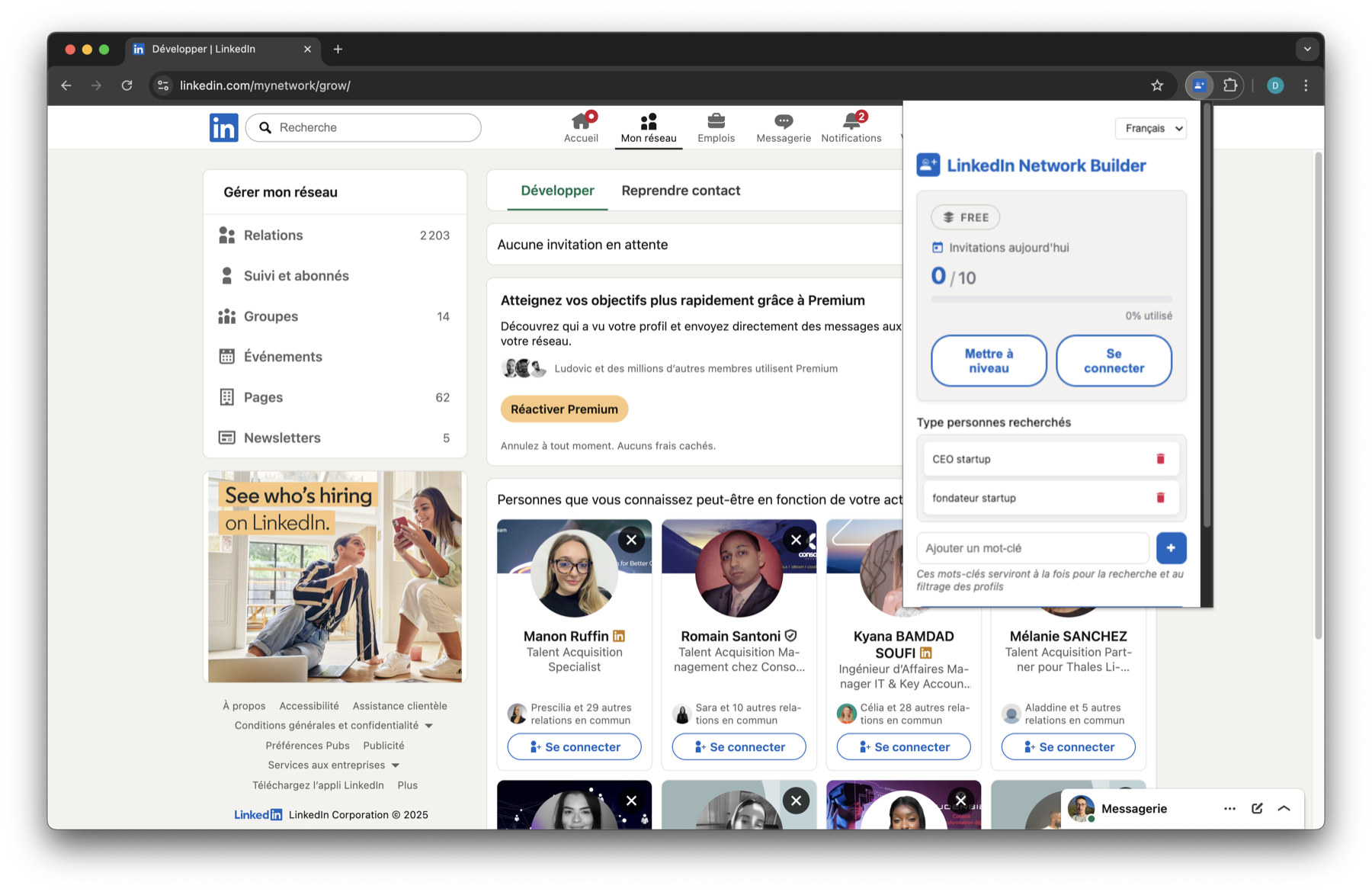 L'extension LinkedIn Network Builder ouverte sur une page LinkedIn : compteur d'invitations du jour et liste de mots-clés de recherche